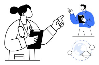 Doktor ve profesyonel fikir alışverişi, pano ellerinde. Uzay, gezegen ve küre elementlerini içerir. Takım çalışması, bilimsel keşif, iletişim, yenilikçi öğrenme işbirliği için ideal