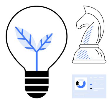 Yapraklı ampul, satranç şövalyesi ve analitik gösterge paneli ekolojik fikirler, strateji ve verileri birleştiriyor. Yenilik, strateji, liderlik sürdürülebilirlik planlama analitik vizyonu için idealdir. Düz