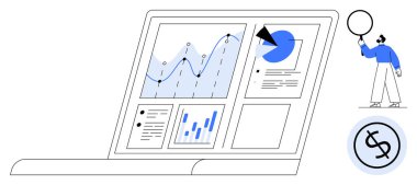 Dizüstü bilgisayar grafikleri, grafikleri ve analizleri aç. Yanında konuşma balonu ve dolar simgesi olan biri. Veri analizi, iş stratejisi, finans, rapor, araştırma teknolojisi için ideal