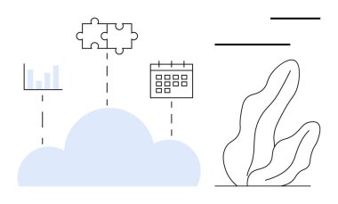 Bulut bağlayıcı analiz, bulmaca entegrasyonu ve takvim ikonu. Soyut yaprak ve çizgilerle minimalist tasarım. İşbirliği, veri depolama, zamanlama, bağlantı ve iş stratejisi için ideal