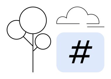 Dairesel yapraklı basit bir ağaç, minimum bulut ve mavi çerçeveli meta veri etiketi. Çevre teknolojisi, dijital bağlantı, modern estetik, çevre, sosyal medya, basit iniş dengesi için ideal