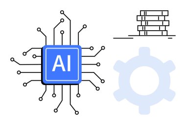 Devre bağlantılarının merkezinde yapay zeka işlemcisi, veri tabanı yığını ve teçhizat. Yapay zeka, makine öğrenimi, otomasyon, veri işleme, yenilik dijital dönüşüm için idealdir. Düz basit metafor