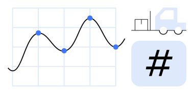 Mavi veri noktalı çizgi grafiği, mal taşıyan teslimat kamyonu ve meta veri etiketi simgesi. Veri analizi, lojistik, büyüme takibi, dağıtım sistemleri, tedarik zinciri, sosyal medya için ideal