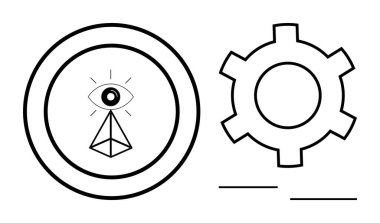 Göz, çember içinde çember içinde, dişlilerin yanında, görüşü, stratejiyi ve yeniliği sembolize ediyor. Teknoloji, mühendislik, otomasyon, mekanik, vizyon soyut tasarımı için ideal basit iniş sayfası