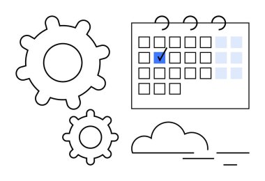 Vites mekanizmaları ve bulut ile işaretlenmiş takvim, planlama, üretkenlik ve yeniliği sembolize ediyor. Zamanlama, proje yönetimi, bulut hizmetleri, iş akışı optimizasyonu için ideal