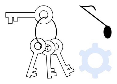 Yüzüğün üzerindeki anahtarlar erişimi sembolize ediyor, yeniliği temsil eden zayıf bir dişli ve yaratıcılığı gösteren bir nota. Konseptler için ideal güvenlik, çözümler, yaratıcılık, yenilik, strateji