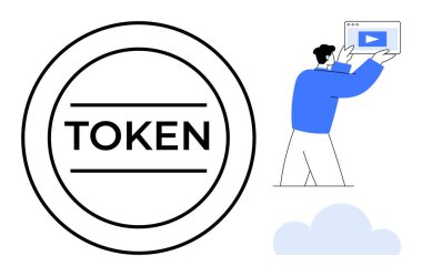 Dijital hizmetler, sahiplik veya engel zinciri çözümlerini ima eden, medya ekranı ile uğraşan bir adamın yanında dairesel simge grafiği. Finans, engelleme zinciri, teknoloji, medya ve NFT bulutu için ideal