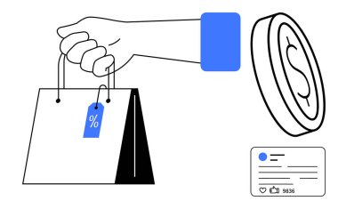 İndirim etiketli el çantası, büyük paralar, olumlu yorumları olan sosyal medya paylaşımı. E-ticaret için ideal, çevrimiçi alışveriş, satış, pazarlama, promosyon, perakende sade