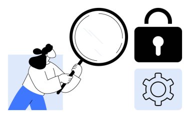 Kadın elinde büyüteç, kilit güvenliği temsil ediyor, sistem ayarları için teçhizat. Siber güvenlik için ideal, teknoloji ipuçları, veri analizi, gizlilik, dijital güvenlik, araştırma sade iniş sayfası