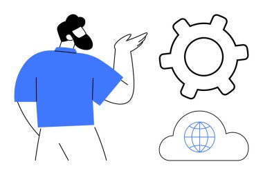 Bulut hesaplamasını açıklayan erkek figürü, küresel bağlantı, ve ekipman ve dünya görselleriyle otomasyon. Teknoloji, iş, yenilik, strateji, altyapı, dijital dönüşüm için ideal