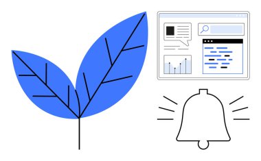 Mavi yaprak, veri analizi gösterge paneli ve uyarı zili büyümeyi, çevre bilinci teknolojisini ve sistem uyarılarını simgeliyor. Sürdürülebilirlik, yenilik, teknoloji ve çevre izleme için ideal