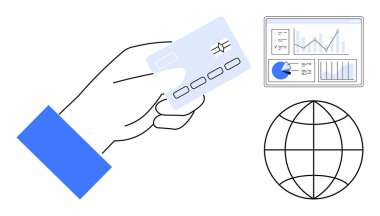 Kredi kartıyla el, çizelgelerle analitik panel ve ödemeyi, finansmanı ve bağlantıyı gösteren küre. Bankacılık, fintech, küresel ticaret, e-ticaret veri ekonomisi için ideal