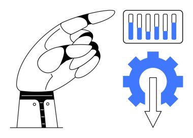 Robotik el hareketleri veri tablosuna ve aşağıya doğru ok atarak otomasyon ve verimliliği vurguluyor. Teknoloji, robot bilimi, yenilik, analiz, mühendislik, iş akışı için ideal, basit