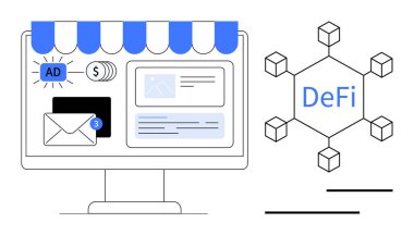 Reklam, posta simgesi, dolar işareti ve merkezi olmayan ağ diyagramı içeren dijital mağaza önü. Finans, ekommerce, engelleme zinciri, yenilik fintech bağlantı teknolojisi için idealdir. Düz