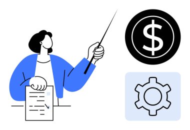 Elinde kağıt tutan kadın, dolar ve dişli ikonlarına işaret ederek iş stratejisini, finans ve yönetimi sembolize ediyor. Eğitim, koçluk, iş akışı, verimlilik finans sektörü için ideal