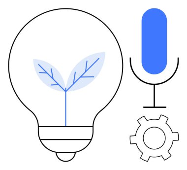 Büyümeyi sembolize eden bir bitki, iletişimi temsil eden bir mikrofon ve yenilik için teçhizat. Yaratıcılık, teknoloji, sürdürülebilirlik, beyin fırtınası, gelişme, modern tasarım için ideal