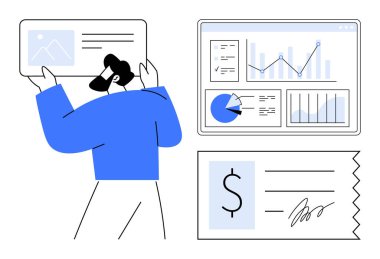 Çizelgeler, grafikler ve finansal dökümanların bulunduğu bir paneldeki verileri analiz eden kişi. Veri analizi, finans, iş zekası, raporlama, sunum, muhasebe için ideal