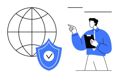 Elinde not panosu olan bir adam, Dünya 'ya ve güvenlik kalkanına işaret ediyor. Siber güvenlik, veri koruması, teknik yönetim, güven, politikalar, dijital güvenlik, düz metafor