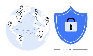Kilitli mavi kalkanın yanındaki kesik çizgilerle birbirine bağlı olan dünya. Siber güvenlik, ağ oluşturma, veri gizliliği, çevrimiçi güvenlik, küresel iletişim, dijital güven, basit iniş için ideal