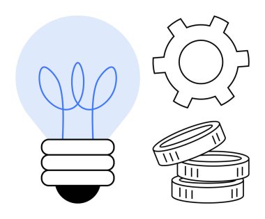 Filizlenme sembolü, dişlisi ve bozuk para yığını yenilik, büyüme, üretkenlik, teknoloji, takım çalışması, iş ve verimliliği sembolize ediyor. Finans ve basit iniş sayfası planlamak için ideal