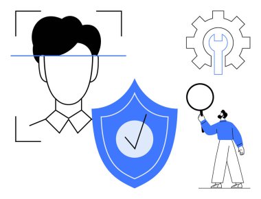 Yüz taraması, kalkan güvenlik işaretleri, tornavidalı teçhizat, büyüteç tutan kişi. Teknoloji, güvenlik, kimlik, kimlik doğrulama, araç analizi için ideal