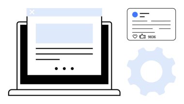 Dizüstü bilgisayar, başparmakları ve ayarları olan bir profil kartı eşliğinde bir web sayfası düzenini gösterir. Kullanıcı arayüzü, web tasarımı, sosyal medya, kullanıcı deneyimi, çevrimiçi kurulum, uygulama için ideal