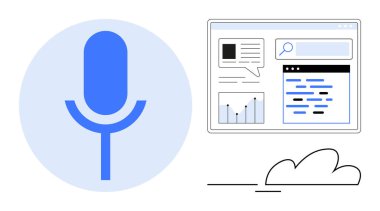 Analitik gösterge panelinin yanında üzerinde grafikler, metin ve arama çubuğu olan bir mikrofon simgesi. Ses kontrolü için ideal, yapay zeka, veri analizi, teknoloji, internet erişimi, bulut hizmetleri basit iniş sayfası