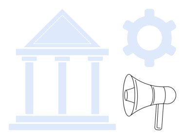 Sütunları olan stilize hükümet binası, ilerlemeyi sembolize eden teçhizat ve halk iletişimini simgeleyen megafon. Yönetim, politika, sosyal yardım, takım çalışması, ilerleme, kamu düzeni için ideal
