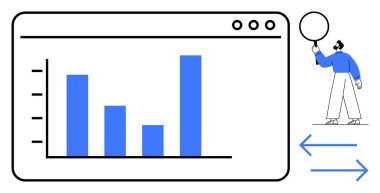 Tarayıcı arayüzü içindeki çubuk çizelgesi, fikir balonu tutan kişi, yön okları. Veri analizi, iş stratejisi, üretkenlik, sunum, iş akışı, basit iniş sayfası için ideal