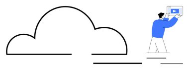 Büyük bulut ana hatları, içeriğini gösteren bir tablet tutan kişinin dijital depolamayı simgeliyor. Teknoloji, veri depolama, bulut hesaplama, uzaktan çalışma, dijital ortam, yenilik, basit
