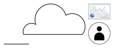 Kullanıcı hesap simgesi ve grafik ve grafikleri içeren analiz paneli olan bir bulut. Teknoloji, bulut depolama, veri analizi, kullanıcı yönetimi, iş araçları, çevrimiçi hizmetler için ideal