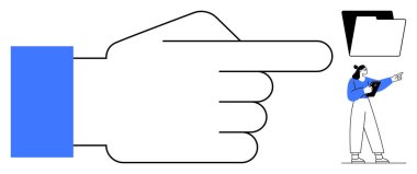 Büyük el klasör simgesini işaret ediyor, tabletli kadın dosyalara işaret ediyor. Takım çalışması, veri yönetimi, dosya organizasyonu, proje planlaması, talimat, öğrenme, basit iniş sayfası için ideal
