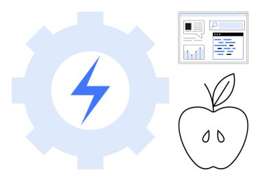 Mavi yıldırımlı vites, elementleri gösteren web tarayıcısı ve çizilmiş elma. Enerji, teknoloji, üretkenlik, yenilik, öğrenme, gıda için ideal basit iniş sayfası