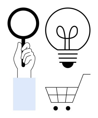 El ele tutuşan büyüteç, fikirleri sembolize eden ampul ve ticaret için alışveriş arabası. Yenilik, araştırma, iş, alışveriş, fikirler yaratıcılık araştırmaları için idealdir. Minimalist düz basit