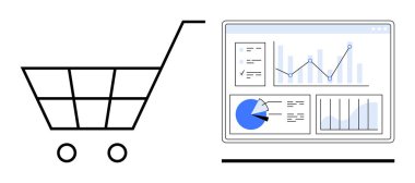 Analitik gösterge panelinin yanında alışveriş arabası, çizelgeler, grafikler ve veri içgörüleri. Dış ticaret, analitik, pazarlama, perakende stratejisi, çevrimiçi alışveriş eğilimleri, iş büyümesi için ideal