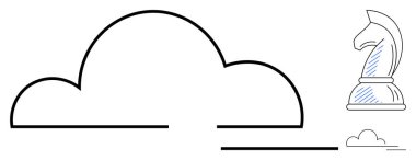 Büyük bulut daha küçük elementlere bağlı ve bir satranç şövalyesi stratejiyi ve bulut teknolojisini simgeliyor. Yenilik, planlama, yapay zeka, bulut çözümleri, hesaplama, liderlik, düz basit
