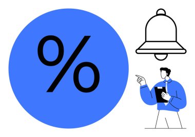 Tebligat zilinin ve panoyu gösteren adamın yanında mavi daire işareti var. Finans, pazarlama, satış, tebliğler, eğitim, alarmlar, sunumlar için idealdir. Düz basit metafor