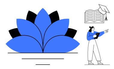 Geometrik yapraklı mavi nilüfer çiçeği tablet tutan kız öğrenci, açık kitap, mezuniyet şapkası ve püskül. Eğitim, yenilik, büyüme, liderlik akademisi kendini keşfetmek için ideal.