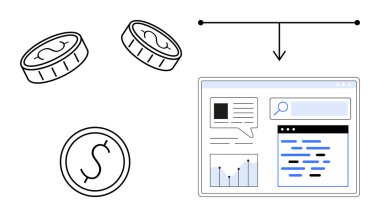 Sikkeler, çevrimiçi analitik gösterge paneline bağlı parasal değeri ve finansal büyümeyi simgeler. Finans, dijital ekonomi, yatırım, gelir, veri analizi, strateji, basit iniş sayfası için ideal