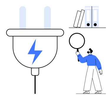 Yıldırım grafikli elektrik prizi, rafta dosyalar, büyüteç tutan adam. Enerji çözümleri, araştırma, yenilik, organizasyon, analiz, iş sade iniş sayfası için ideal