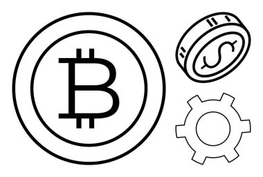 Bir dolar sikke ve dişli ikonu ile birlikte Bitcoin jetonu blok zinciri, kripto para, teknoloji yeniliği ve finansal sistemleri sembolize eder. Fintech, engelleme zinciri, kripto para birimi ve finans için ideal