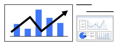 Yukarı eğimli ok ve ayrıntılı veri gösterge tablosu içeren grafik grafikleri, grafikleri ve anahtar istatistikleri. Analiz, strateji, pazarlama, büyüme, finans ve basit iniş raporları için ideal