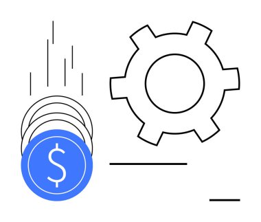 Üzerinde dolar sembolü olan mavi sikke, mali akışı, verimliliği, sistem optimizasyonunu ve ekonomik faaliyetleri simgeleyen bir vitesi temsil ediyor. Finans uygulaması, iş akışı, fintech, ekonomi ve sanayi için ideal