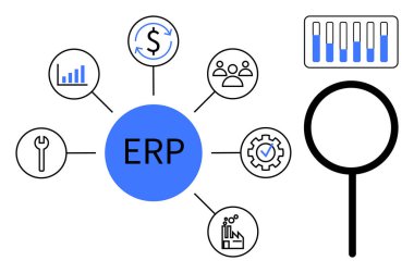 ERP sistem merkezi, finans, HR, üretim, araçlar, analiz ve kalite için modüllerle çevrelenmiş bir büyüteç ve bar tablosunun yanı sıra. İş stratejisi ve verimlilik artışı planlamak için ideal