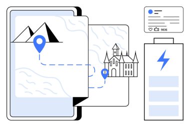 Tablet ekranında dağları birbirine bağlayan haritalı bir rota ve lokasyon iğneleriyle dolu bir kale var. Sosyal medya arayüzü ve enerji ikonu seyahat, paylaşım ve planlamayı sembolize eder. Navigasyon ve turizm için ideal