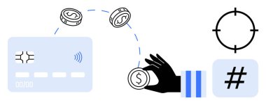 Para transferi kartı, madeni paralar, elle idare parası, finansal odak alanı, meta veri etiketi ile sembolize ediliyor. Finans, bankacılık, tasarruf, dijital cüzdan, pazarlama verileri için ideal