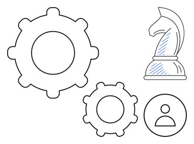 Birbirine kenetlenmiş vitesler, bir satranç şövalyesi ve bir kullanıcı ikonu takım çalışmasını, stratejik planlamayı ve bireysel rolleri sembolize eder. Yenilik, liderlik, problem çözme, iş büyüme organizasyonu için ideal