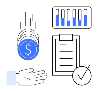 Bozuk paraların açık bir ele düşmesi, verileri gösteren bar çizelgesi, kontrol panosundaki işaretli kontrol listesi. Finans, iş, muhasebe, planlama, yatırım, üretkenlik için ideal basit iniş sayfası