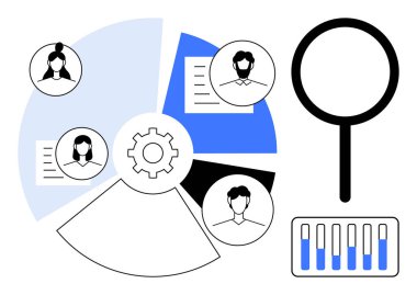 Pasta grafiği segmentleri, vites simgesi, büyüteç, profil resimleri ve bar şeması takım çalışması, veri analizi, araştırma, İK araçları proje yönetimi. İş analizleri için ideal basit iniş