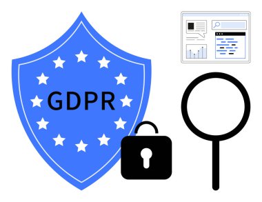 Yıldızlı GDPR kalkanı, kilitlenmiş asma kilit, büyüteç ve dijital veri korumasını temsil eden analitik ekran. Güvenlik, uyum, gizlilik, izleme ve araştırma veri toplama için ideal